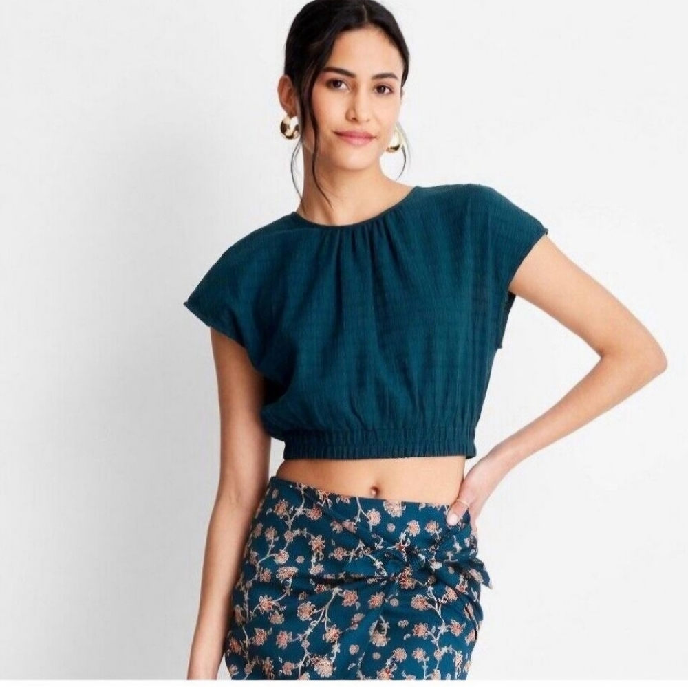 Future Collective Jenny Lopez Short Sleeve Cinched Crop Top Teal New